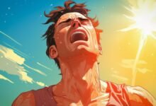 Man sweating under extreme sun, expressing heat exhaustion.