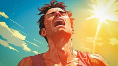 Man sweating under extreme sun, expressing heat exhaustion.